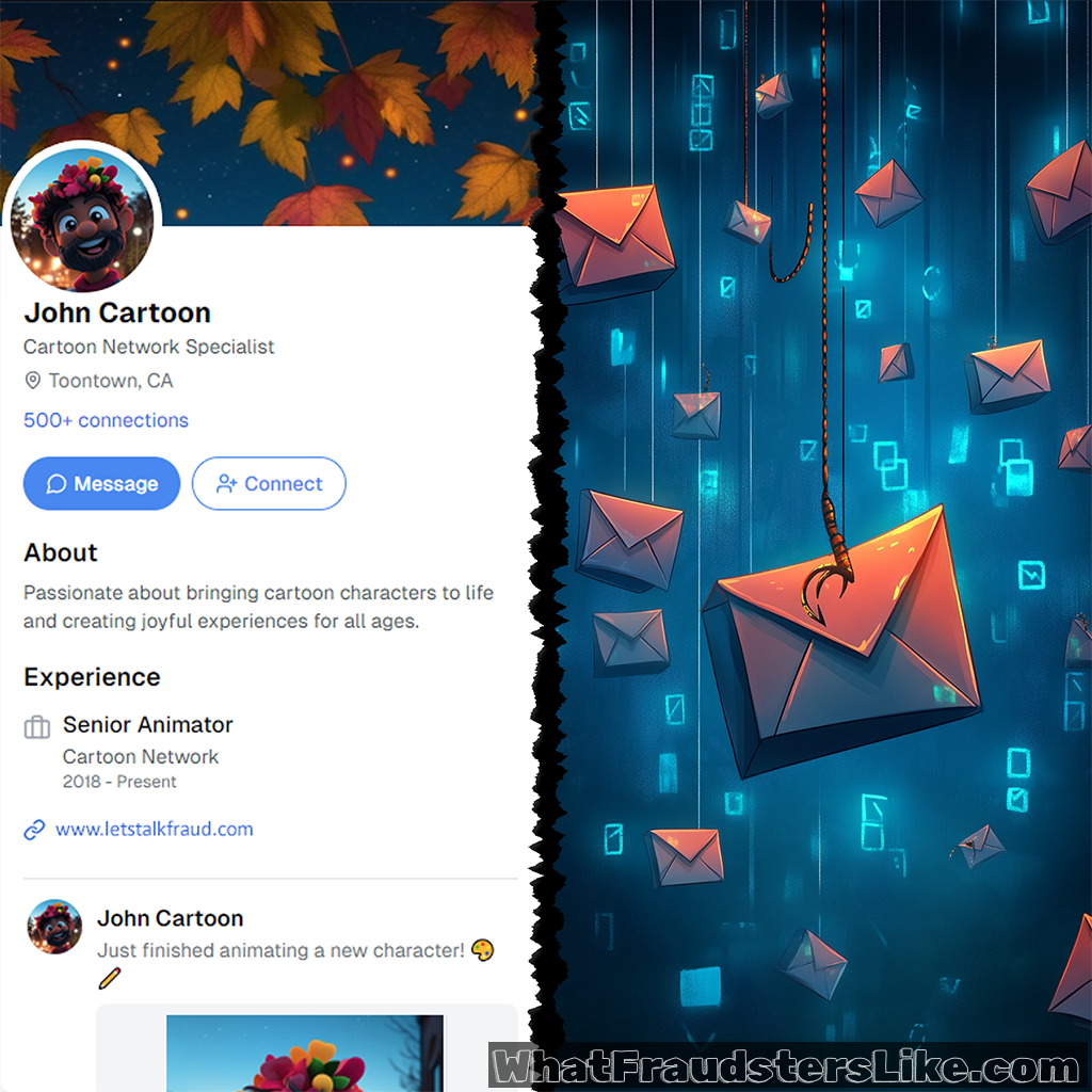 The image is split, with the left side showing a fake LinkedIn profile for "John Cartoon" with cartoon-themed details, and the right side depicting numerous digital envelopes hanging on strings against a blue background with binary code, suggesting a phishing or data collection operation.